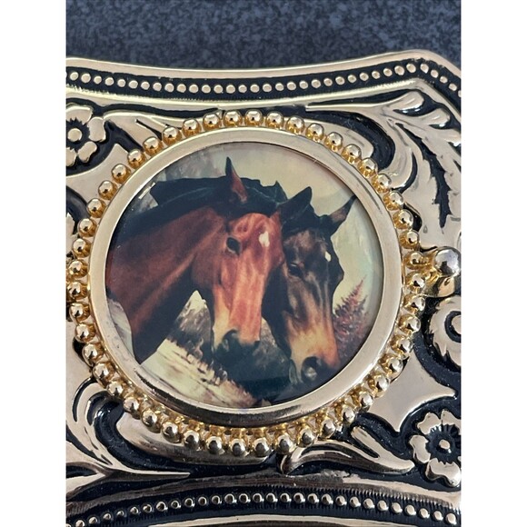 Vintage Belt Buckle Double Horse Portrait Goldtone Black  4 x 2.75" 1.5" Belt - Picture 4 of 7